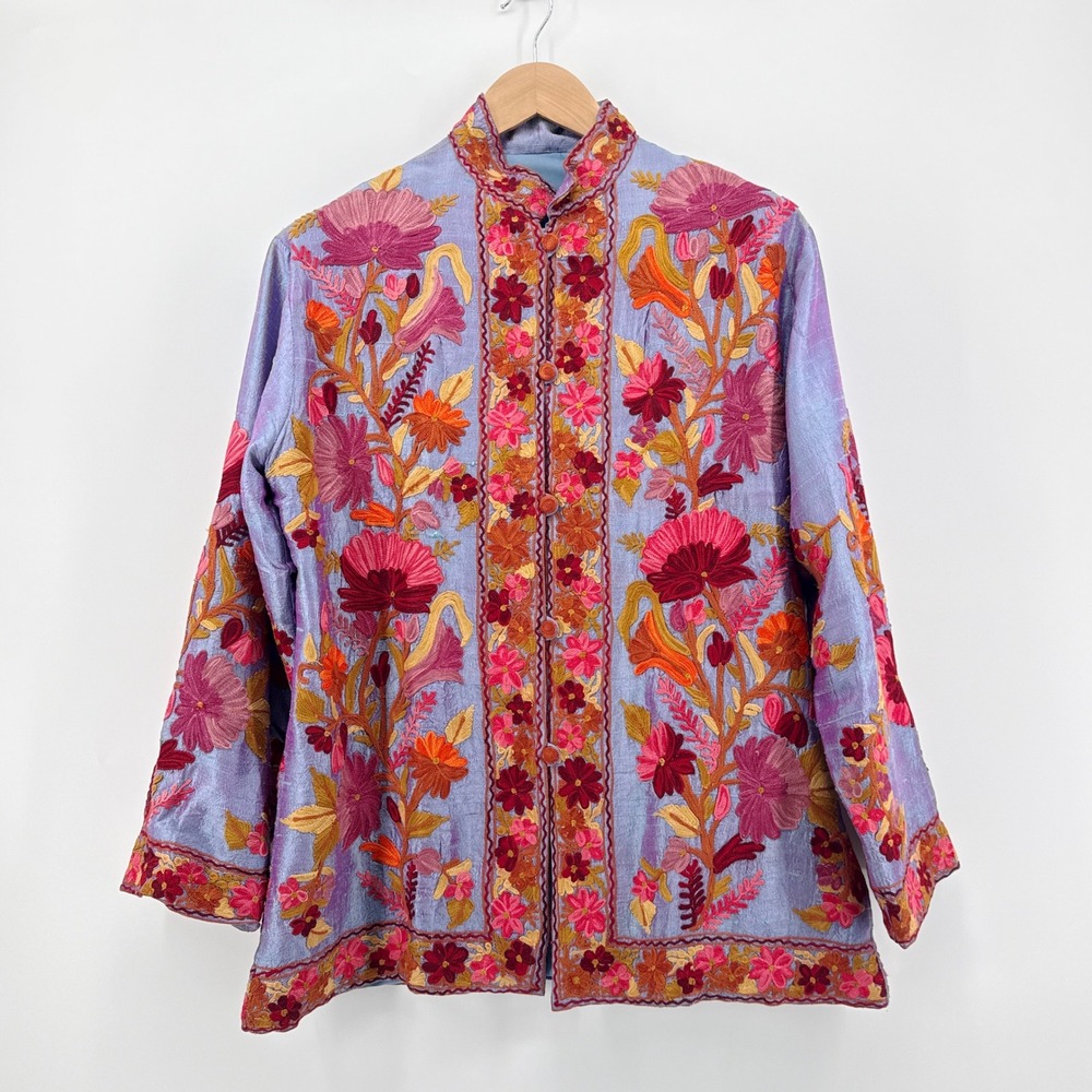 Vintage Kashmiri Silk Jacket Hand‎ Embroidered Aari Crewel Floral Coat Boho